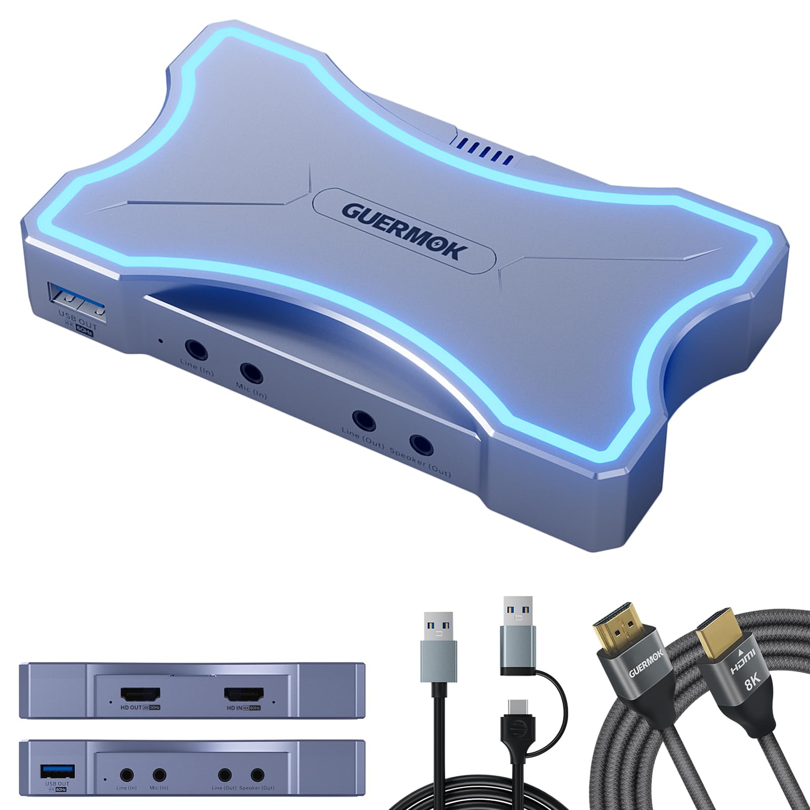 Guermok 4K HDMI Capture Card with Touch LED, Dual HDMI In/Loop-Out, USB 3.0, 4K@60Hz/ 2K@144Hz Video Capture, Mic/Line In, 4K60 Passthrough, Efficient Cooling, Streaming and Gaming for Switch2/1