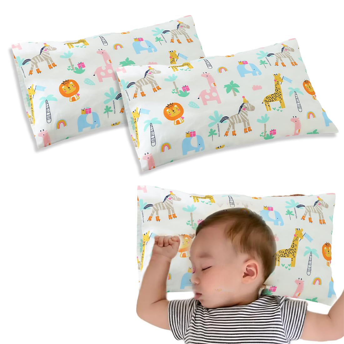 IKOPFLN Taie d Oreiller, Taie d'oreiller Bébé, Taie d'oreiller Bébé 30x50 Tête Animal 100% Pur Coton Fermeture à Rabat Lavable en Machine pour Oreiller de Berceau D’Enfant, 2 pièce