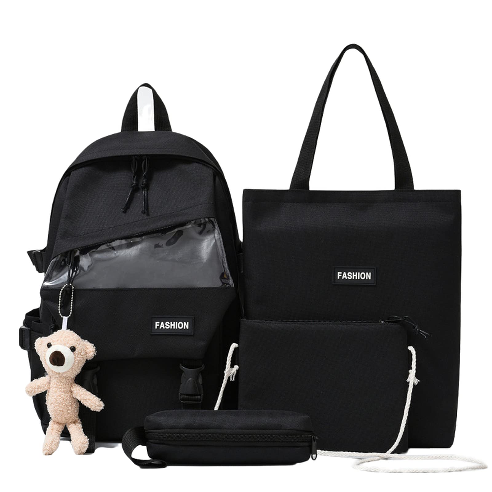 4Pcs Backpacks Combo Set with Teddy Bear Pendant for Teenage Students - Canvas Laptop School Bag Sets for Kids with Tote Pencil Case, Book Bag, Back To School Supplies Daypack Kit (Black) - L