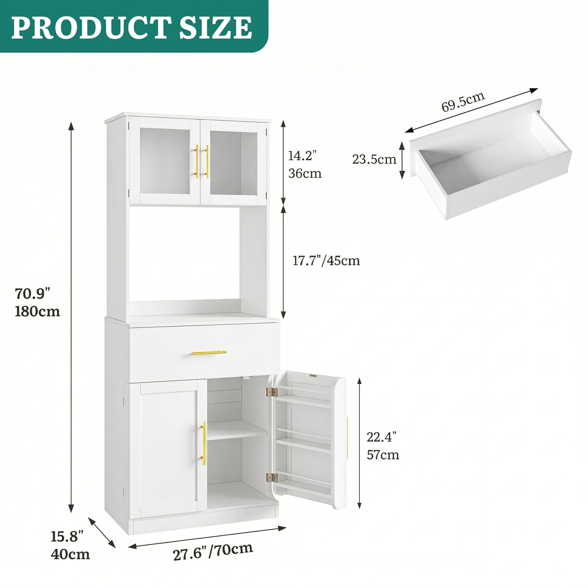 YITAHOME Küchenschrank Hochschrank, 180 cm Vorratsschrank mit Glastüren, Schublade, Seitlichen Türregalen, Verstellbaren Einlegeböden, Buffetschrank Mehrzweckschrank, Weiß