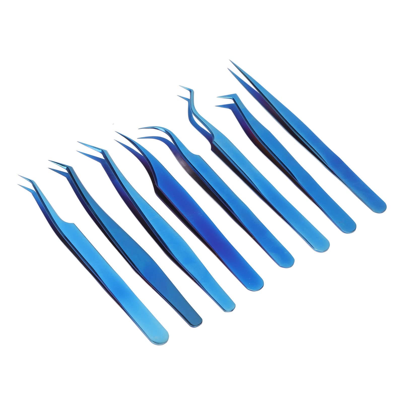 Juego de pinzas de extensión de pestañas, acero inoxidable profesional, titanio azul, 8 piezas, punta fina, diseño ergonómico para artistas de pestañas principiantes
