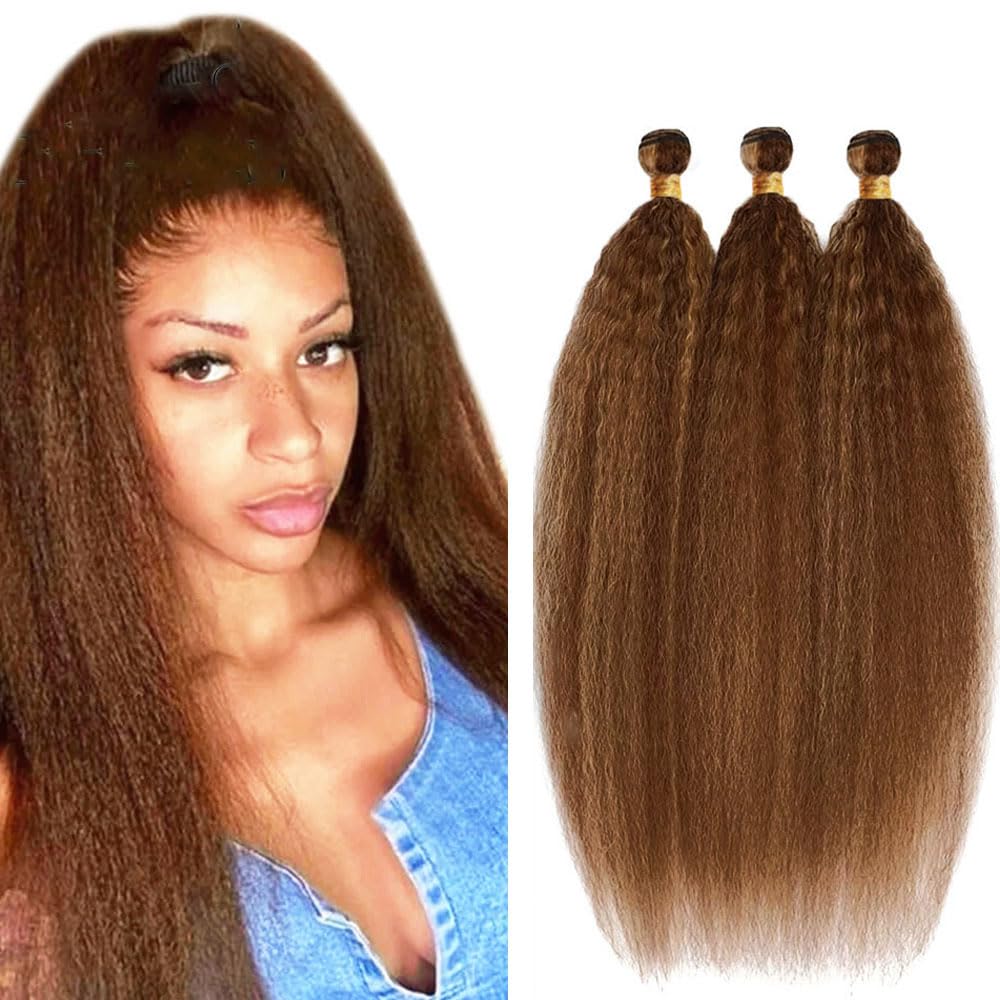 Creuost P4/30 Highlight Brown Color Yaki Wave Human Hair Bundles 30 32 34 Inch Doubles Weft Real Unprocessed weft 3 bundles Total 300g Human Hair Extension For Woman