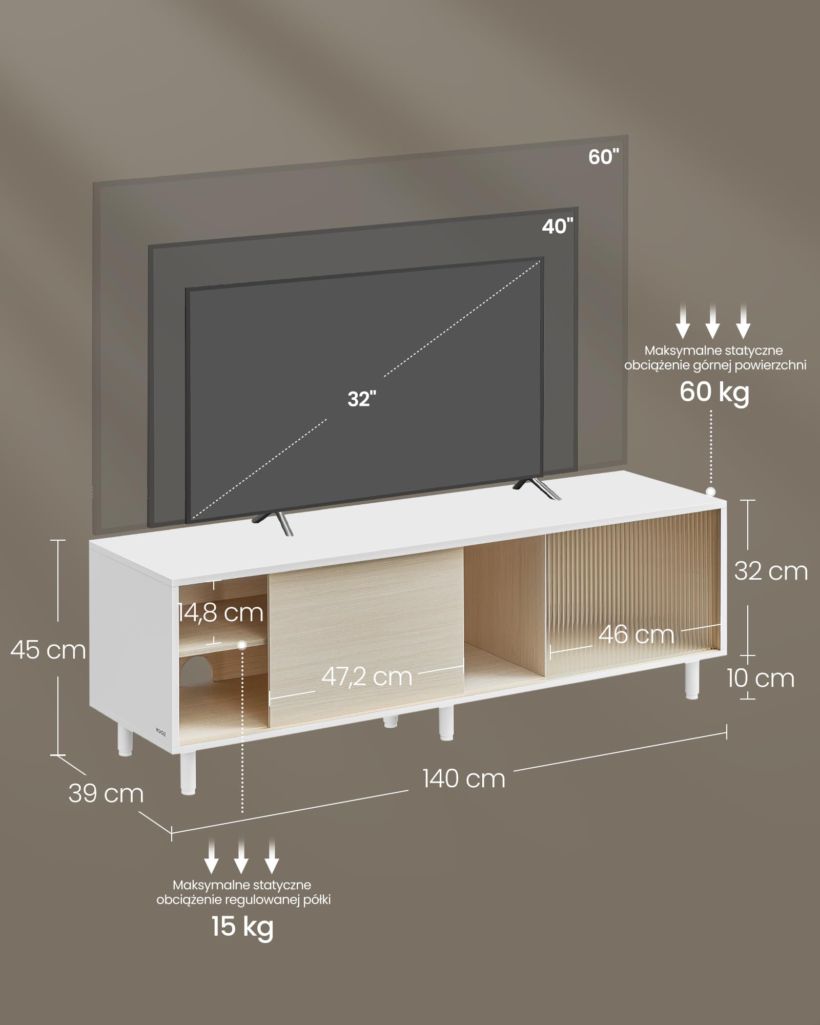 VASAGLE Superszybki, beznarzędziowy montaż, szafka RTV do telewizorów do 60 cali, szafka pod telewizor salonu, 140 x 39 x 45 cm, technologia beznarzędziowa, chmura biało-naturalny beż LTV466W01