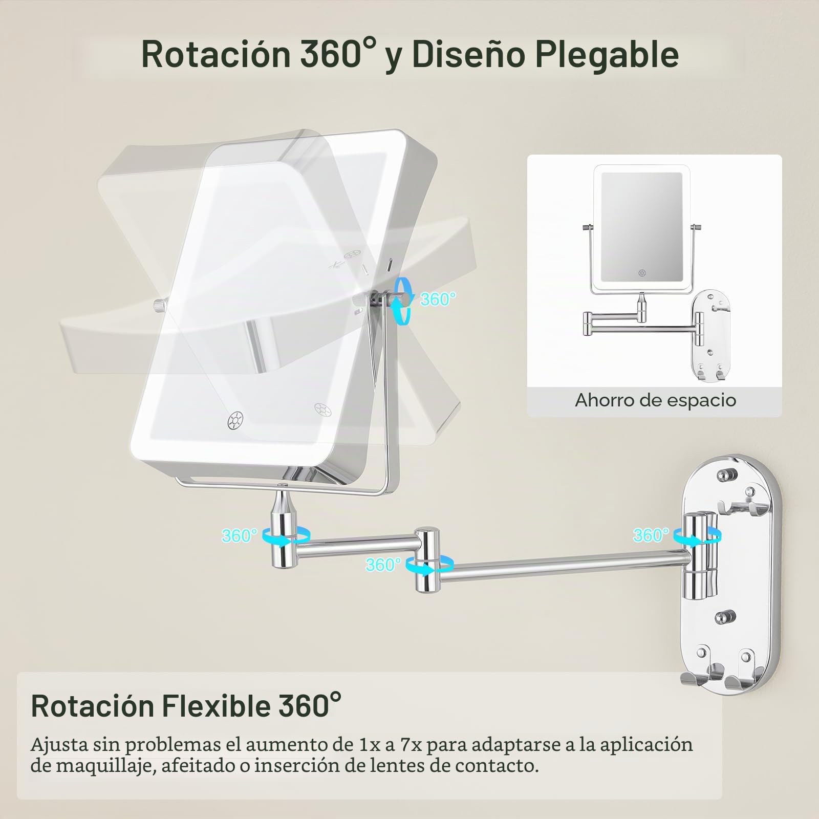 Espejo de Maquillaje con Luz LED Recargable, Espejo de Baño con 3 Colores de Iluminación, Aumento 7X y Brazo Extensible, Giratorio 360°, Espejo de Pared con Atenuación Progresiva y Gancho Integrado