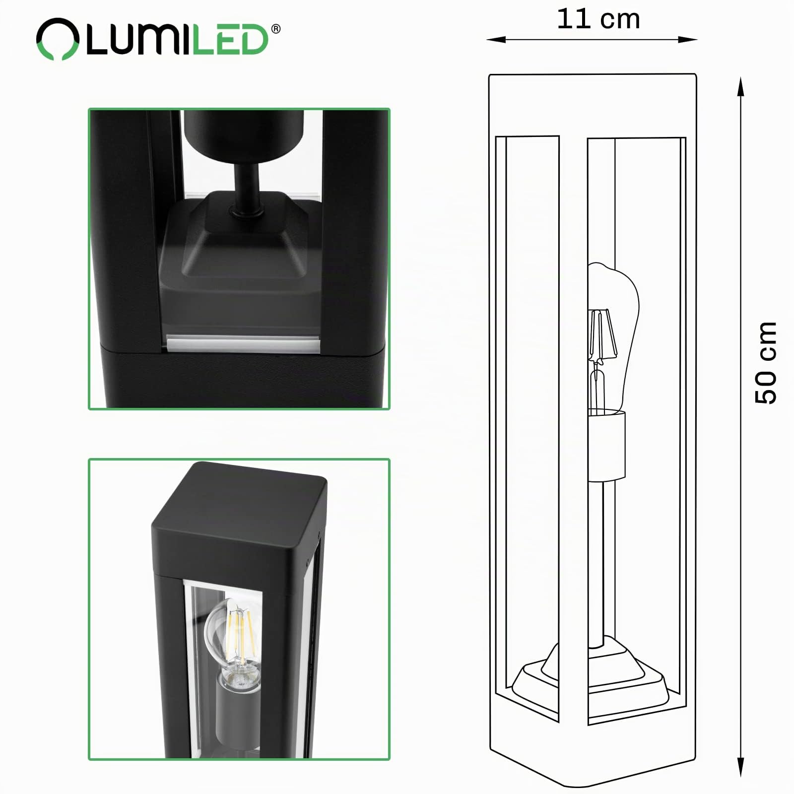 Lumiled Außenleuchte Pollerleuchte Außenstehleuchte Stehlampe Wegeleuchte Gartenleuchte Wegelampe stehend 50 cm IP44 Schwarz rechteckig spritzwasserdicht Aluminium E27 Fassung max 13W