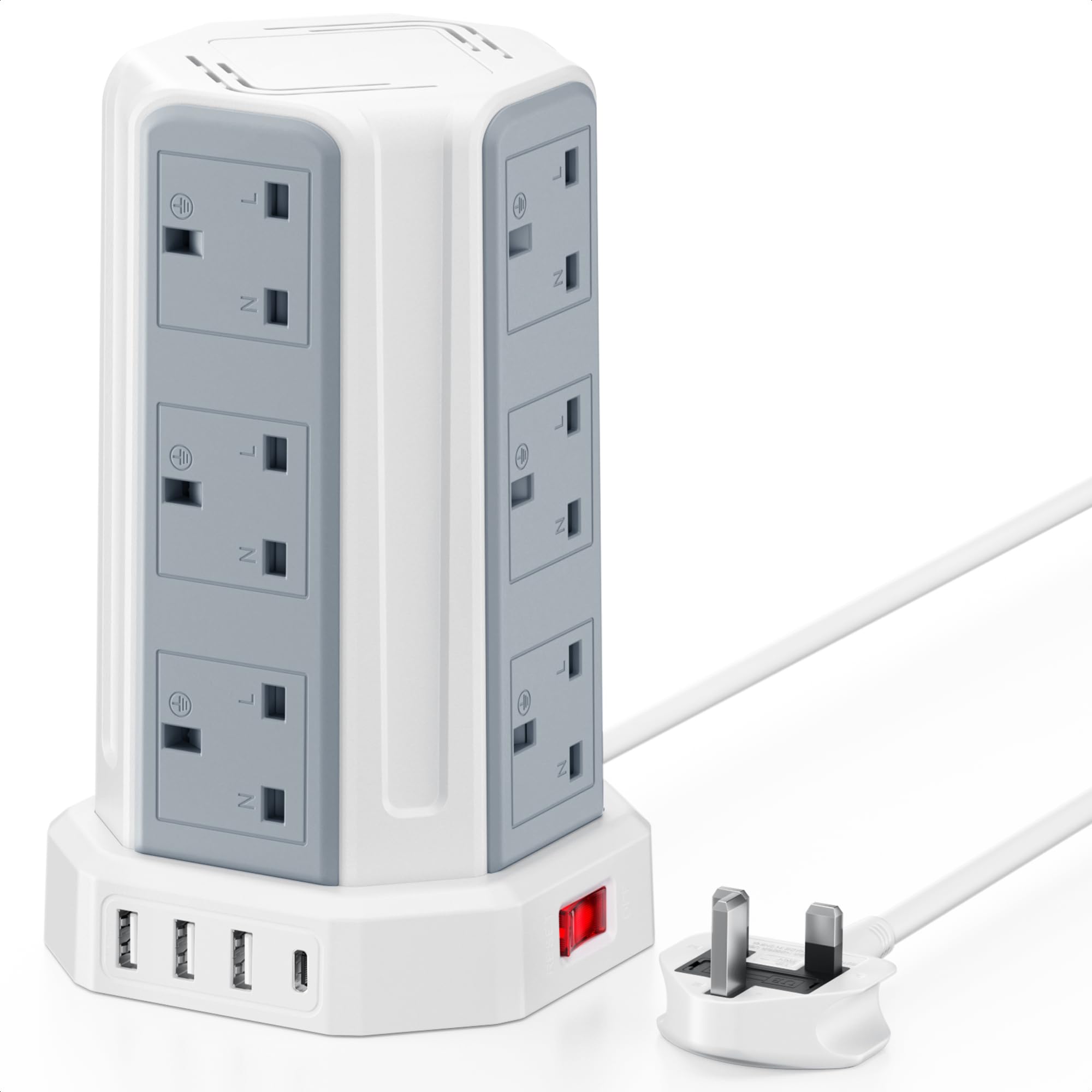Tower Extension Lead, Aodeng 12 Way Extension Tower Multi Plug Extension Sockets with 4 USB Slots, [13A 3250W] Surge Protector Long Extension cable for Home, Office, Kitchen — view 9