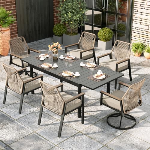 Image of MIXPATIO Patio Dining Set, Extendable Metal Table, 6 Rattan Chairs, Beige