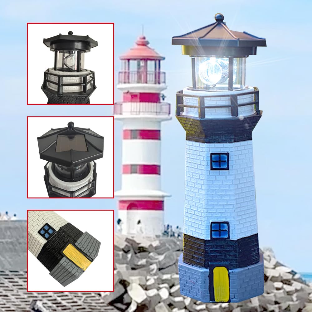 YZYOE Black and White Solar Lighthouse, Rotating LED Lighthouse Decorative Lights, Courtyard Waterproof Landscape Lights - Image 2