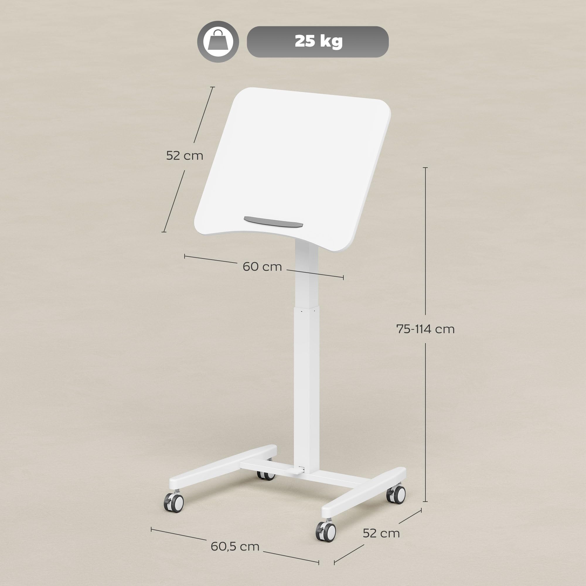 HOMCOM Laptoptisch Höhenverstellbar mit Rollen 60x52cm Tischplatte Weiß | Bestelltisch, Schreibtisch, Neigbarer, Computertisch mit Sicherheitsstopper, Mobiler Stehpult Pneumatisch, für Büro, Sofa