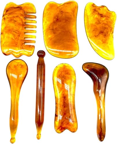 Paquete de 7 herramientas de raspado facial y masaje de resina natural, herramientas de belleza facial y cuidado de la piel, herramientas para el