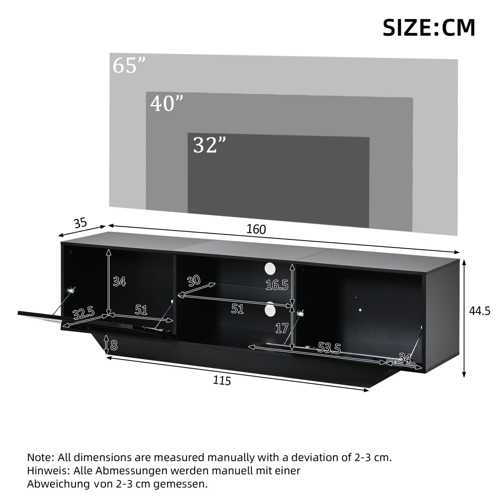 Sweiko Meuble TV au Sol 160 × 35 × 44,5 cm avec 2 Portes,Finition Brillante et éclairage LED,adapté à Un téléviseur de 65 Pouces
