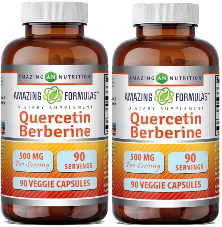Amazing Formulas Quercetin Berberine | 250 mg Berberine and 250 mg Quercetin | Veggie Capsules Supplement | Non-GMO | Gluten Free | Made in USA (90 | 2 Pack) Unflavored, 90 Count (2 Pack)