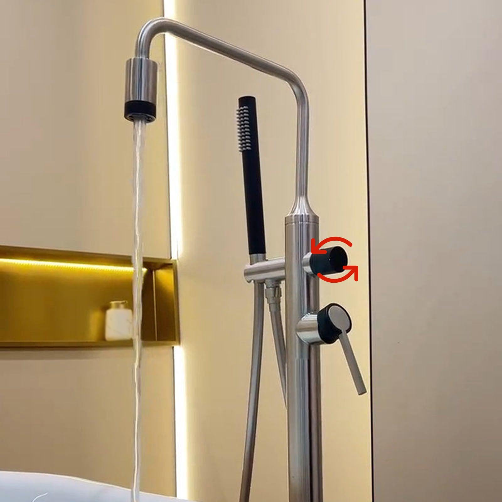Grifo Mezclador de Bañera Y Ducha Grifo de Bañera de Pie Acabado Dorado Cepillado Monomando Agua Caliente Y Fría Acero Inoxidable Grifos de Bañera Independientes Montados En El Suelo