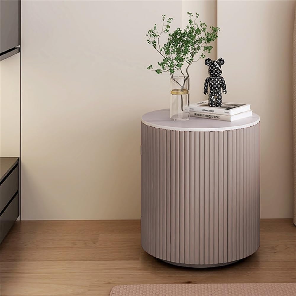 Comodino con piano in pietra sinterizzata scanalata cilindrica, comodino rotondo a doghe, tavolino portaoggetti minimalista for l'arredamento della camera da letto in stile crema(Brown)