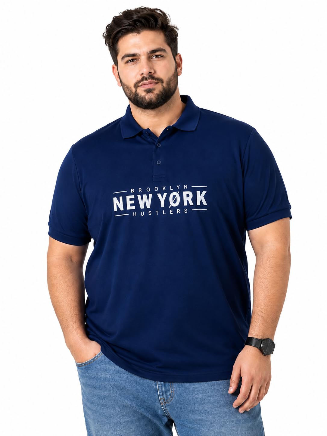 9LKHA Men's Plus Size Polo T Shirt | Brooklyn New York Printed Collar Neck T-Shirt for Men | Cotton Blend Half Sleeve Casual Big Size Polo Tee | Navy Blue-picture-16