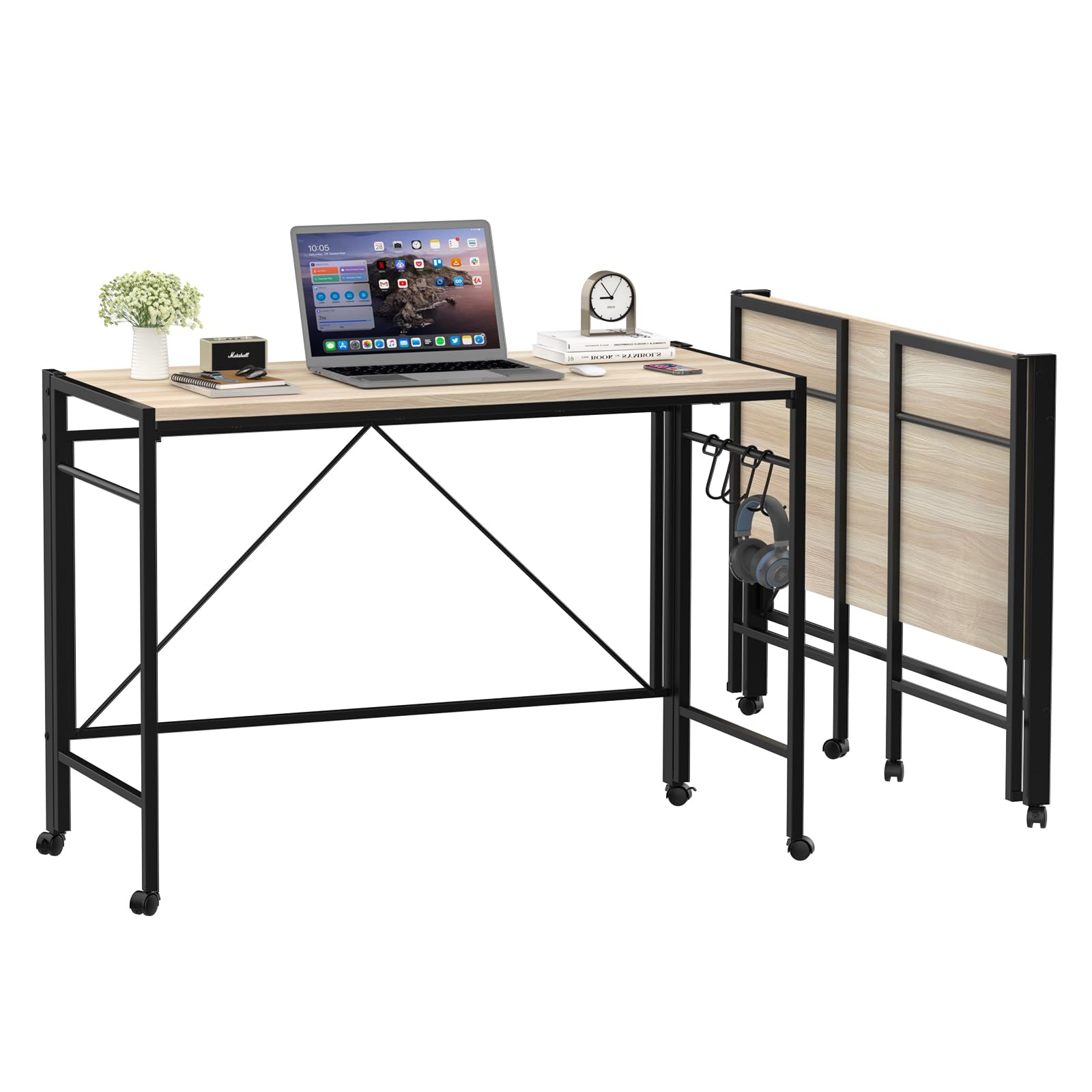 Mesa Escritorio Plegable,110x50x75cm Mesa Escritorio Pequeña con Ruedas, Mesa Ordenador Plegable Escritorios Portátiles para Estudio/Casa Oficina/Montaje Sencillo(Madera-B)