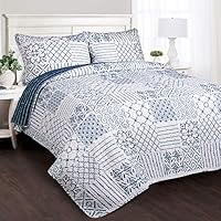 Lush Decor Monique 3 Piece Reversible Print Pattern Blue Quilt Set - Full Queen