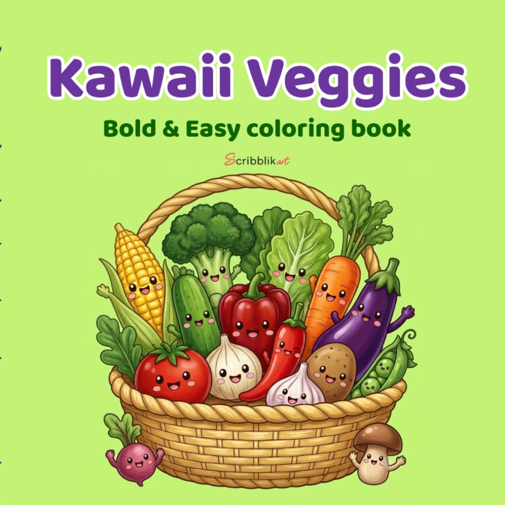 Kawaii Veggies: Fun, Simple, and Cozy Coloring Pages of Cute Vegetables for Kids, Teens, and Adults