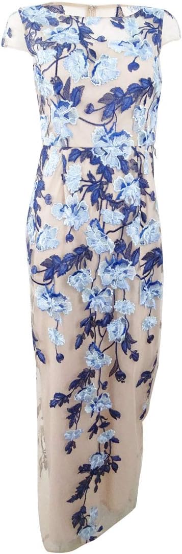 Adrianna Papell Women's Cascading Floral Column Gown | Floor Length Elegant Evening Gown with Satin Ribbon Tie & Cap Sleeves, Midnight Multi/Nude, 12