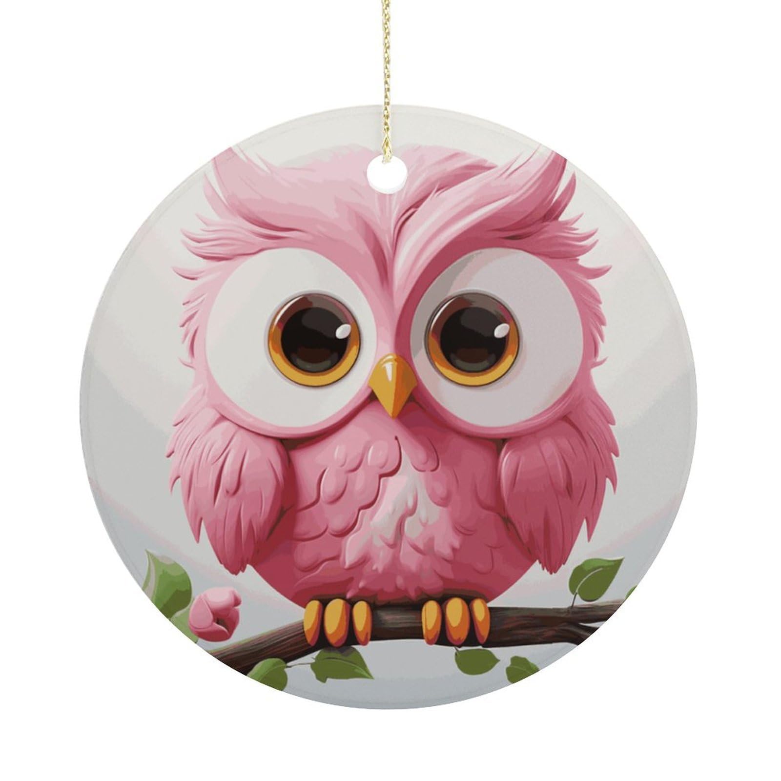 A Pink Owl Christmas Ornaments Colorful Round Ceramic Ornament Christmas Hanging Decor Christmas Tree Decorations Xmas Keepsake for Women Men Xmas Holiday Party
