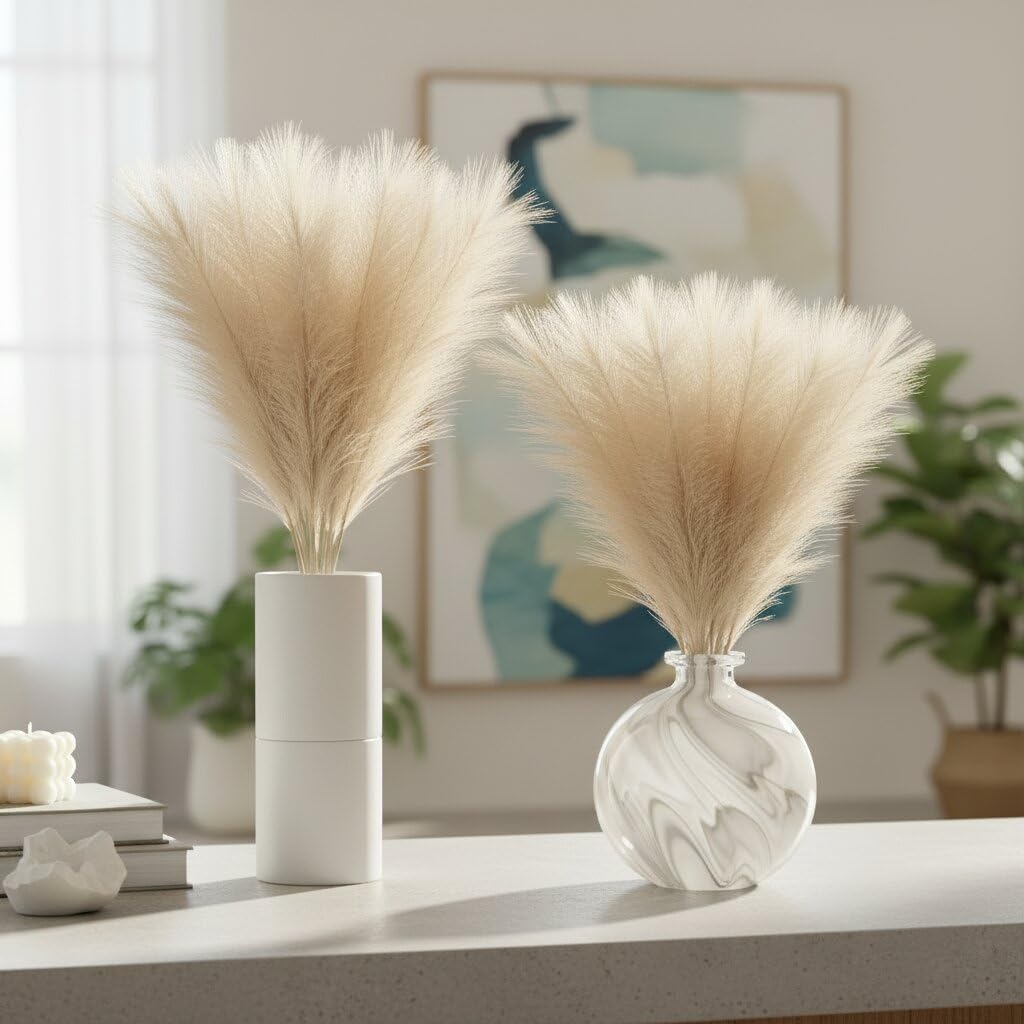 Pampas Grass Dried Natural 17.7 Inch Tall, Beige Fluffy Reed Stems for Vase Fillers, Bohemian Home Decoration, Wedding Party Decor, Living Room Bedroom Centerpiece Set of 3 - Cream.-picture-14