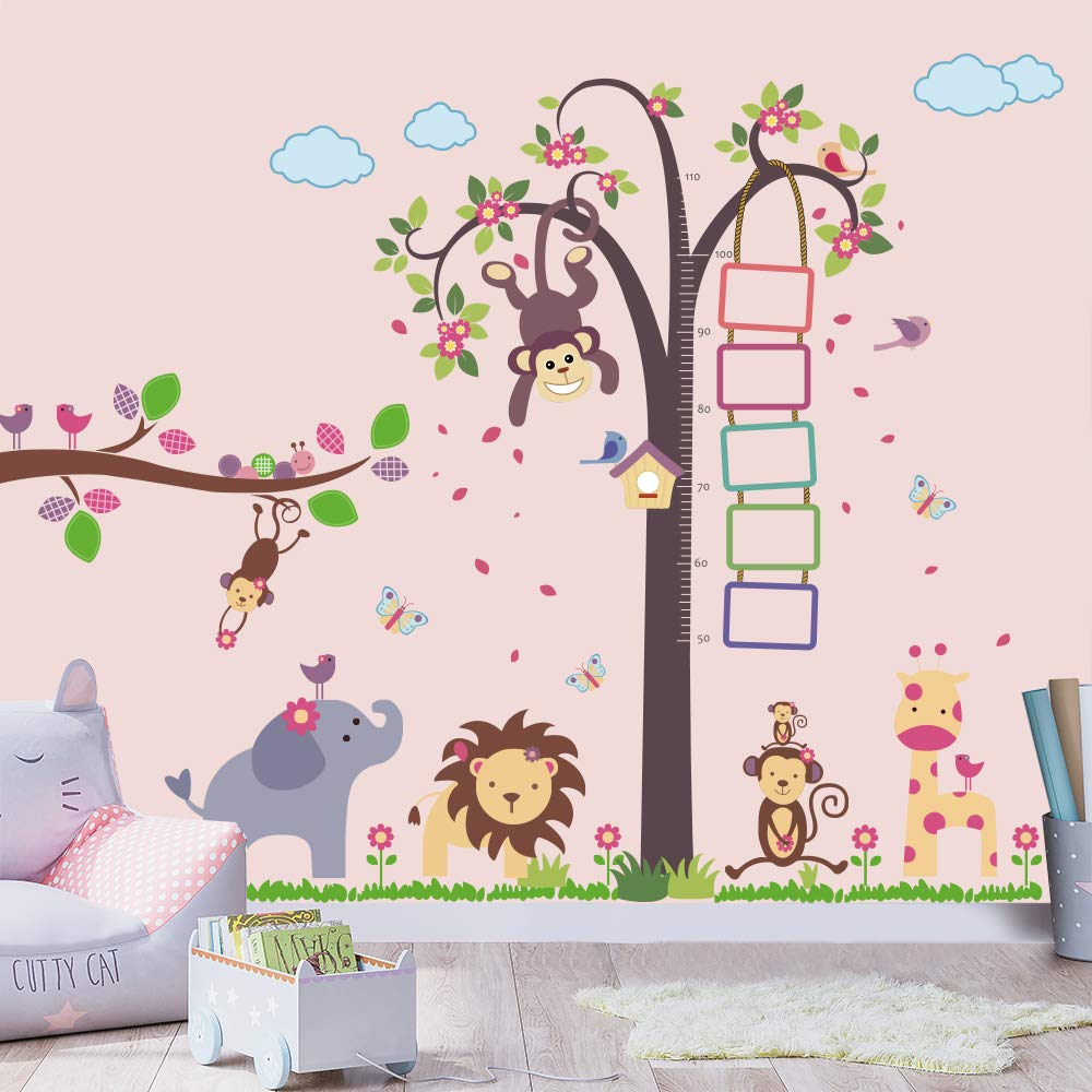 Supzone Jungle Animals Tree Wall Stickers Monkey Elephant Giraffe Decals Kid Height Chart & Photo Frame Art Sticker for Kids Room Baby Nursery Bedroom Home Decor
