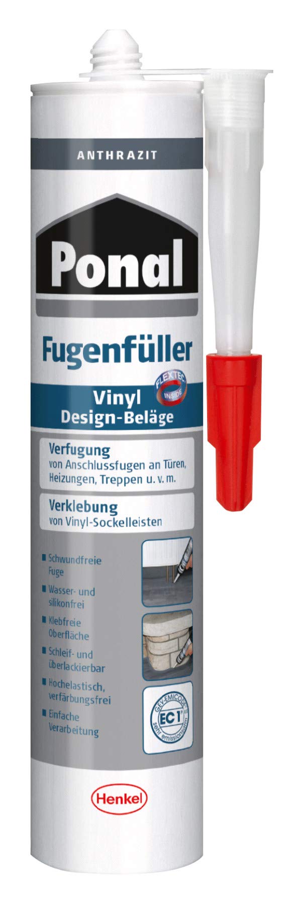 Ponal Vinyl Design Coverings Joint Filler Anthracite, Highly Elastic Grout for Connection Joints, for Bonding Vinyl Skirting Boards, Water and Silicone Free Sealant, 1 x 395 g Cartridge