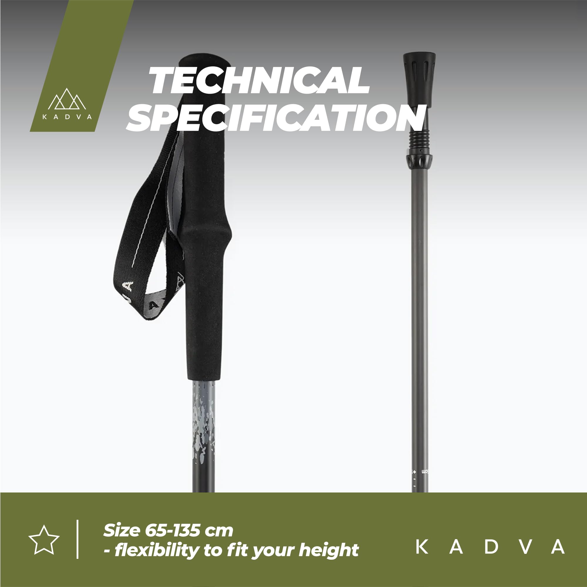 KADVA Bastones de Trekking Torre en Color Gris, tamaño Ajustable 65-135 cm, Mango de Polipropileno y Espuma EVA para Mayor Comodidad al Usuario, Bastones de Aluminio, robustos y Resistentes a los