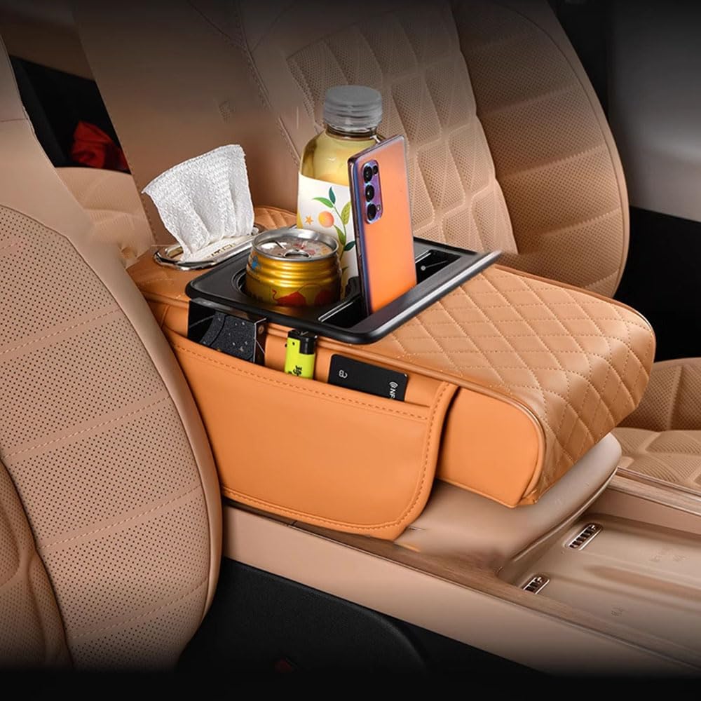 Coussin d'Accoudoir de Voiture pour VW T-Roc (A11 2017-2025 2026), Coussinet de Console Centrale avec Porte-Gobelet et Boîte à Mouchoirs, Housse d'Accoudoir avec Poche Latérale