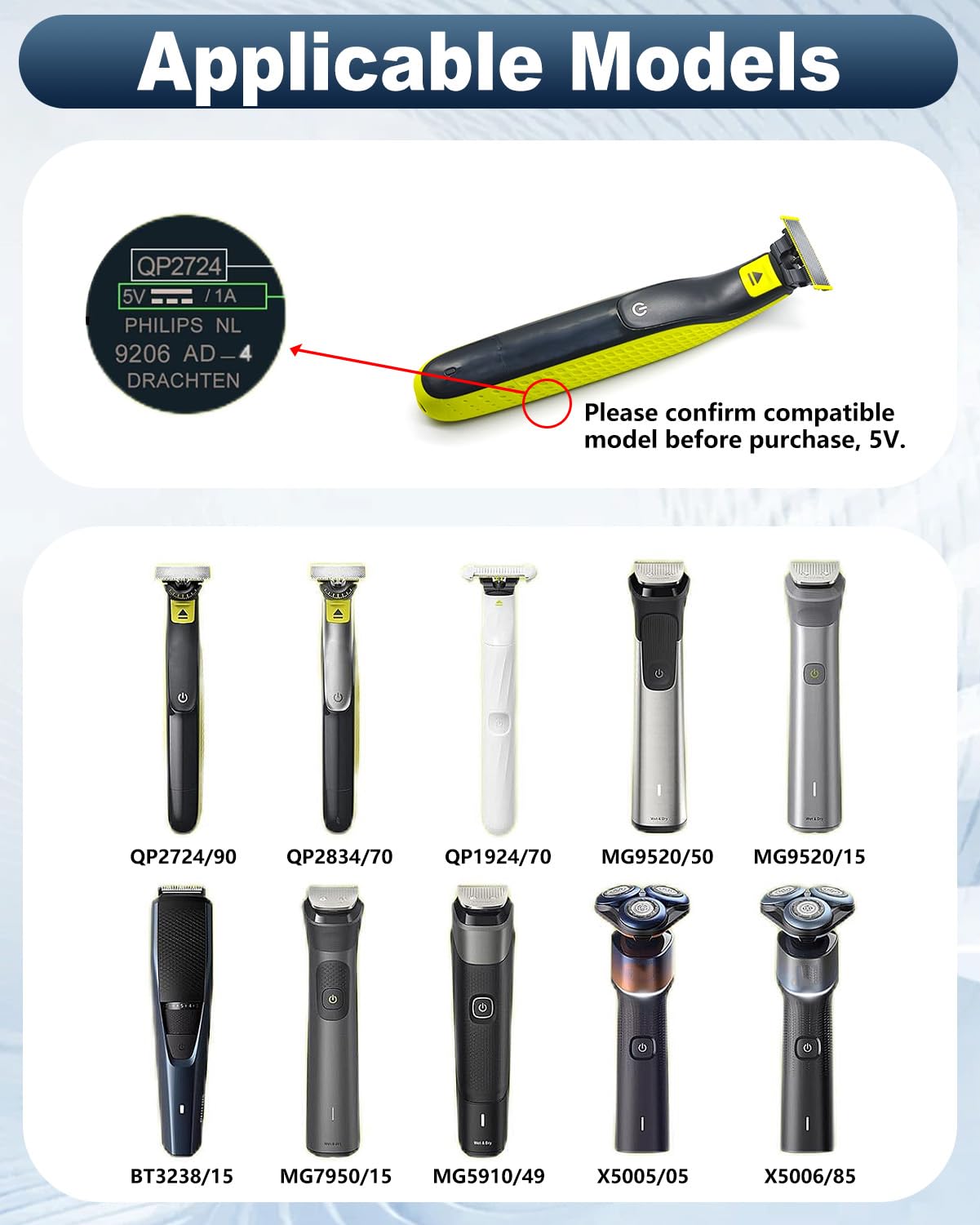 Caricabatterie 5V 1A Compatibile con Rasoio Philips OneBlade QP2724 QP2734 QP2824 QP2834 QP4631 MG9530 MG7910 MG5910 S7887 S5898 PQ888 PQ889 Cavo USB 1M Alimentatore Sicuro Portatile Viaggio
