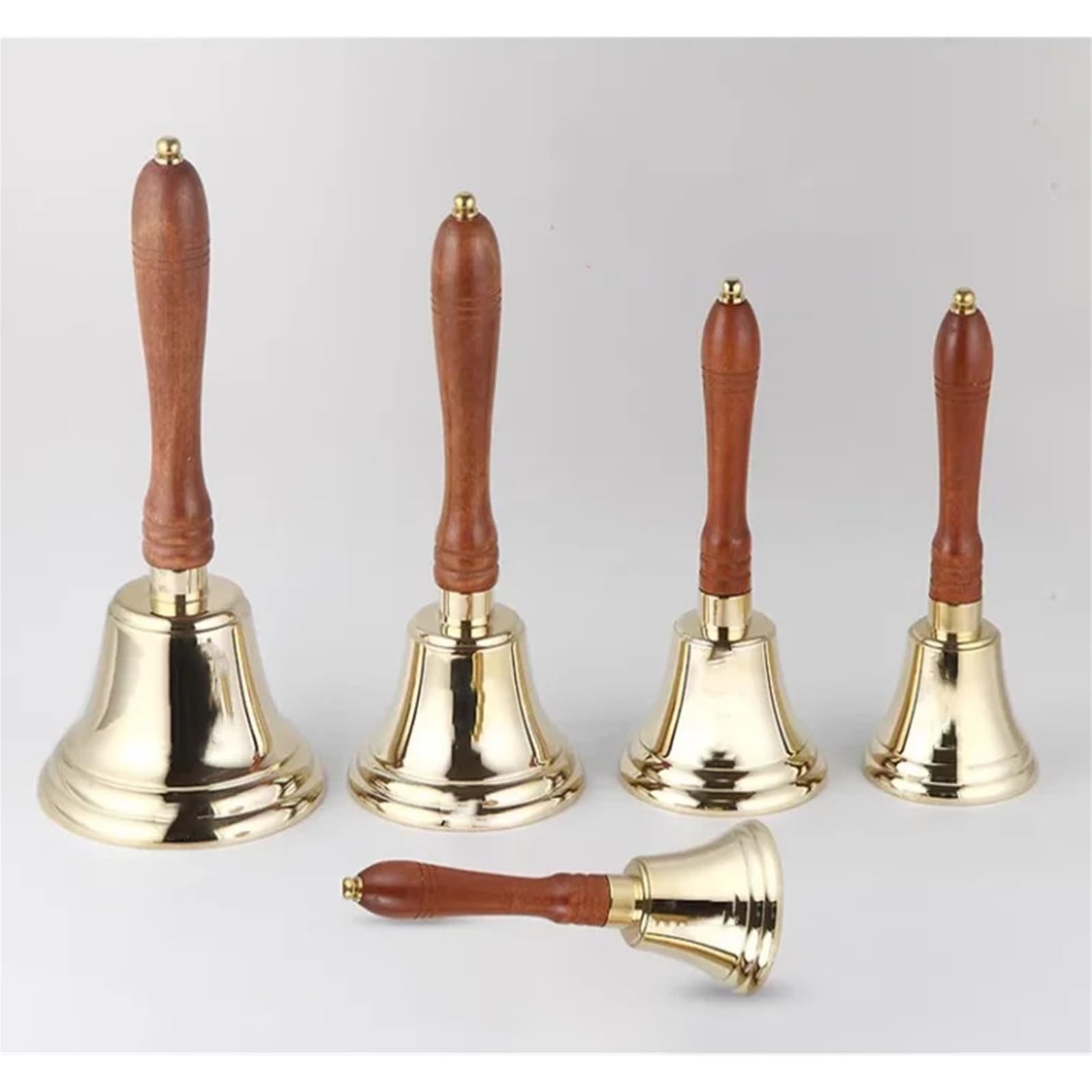 campana de mano de latón 1 Uds. Campana de mano latón 3/3, 5/4/4, 5 pulgadas con mango madera, campana for llamadas, barra, mostrador, mesa comedor(4inch)