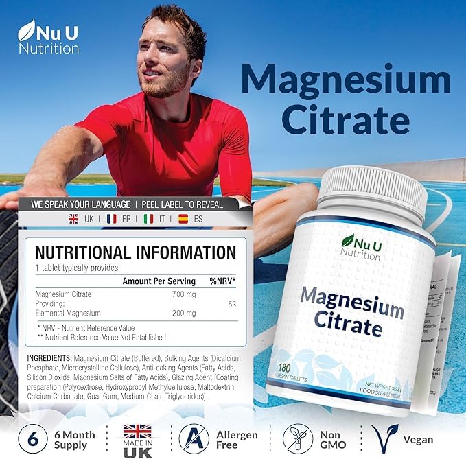 Magnesium Citrate 700mg - 180 Vegan Tablets - 6 Month Supply - 200mg of Elemental Magnesium Tablets - Made in The UK - Nu U Nutrition