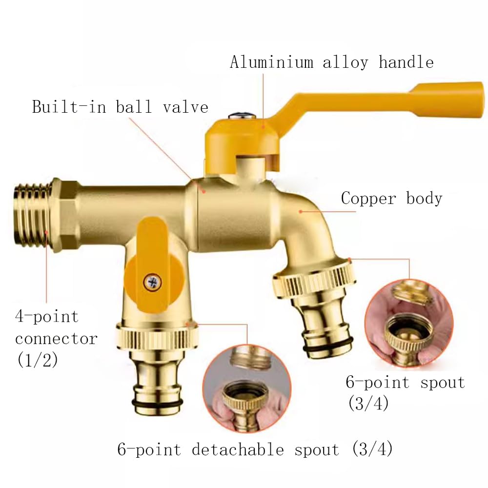 Rubinetto da esterno antiruggine e antigelo, Rubinetto da giardino esterno 2 in 1, montaggio a parete, valvola a sfera a doppia uscita 1/2 pollice, resistente al gelo