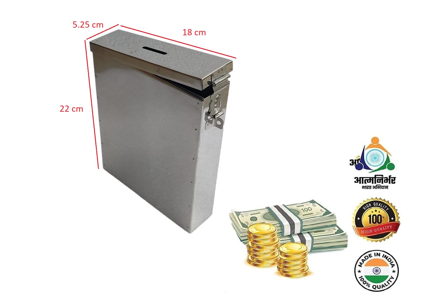 GinoSet® Coin Box/Piggy Bank/Gullak/Donation Box/Suggestion Box/Antique Coin Bank Box Stainless Steel Body Size- L-5.25 CM, W-18 CM, H-22 CM (Slim Key Lock) 1