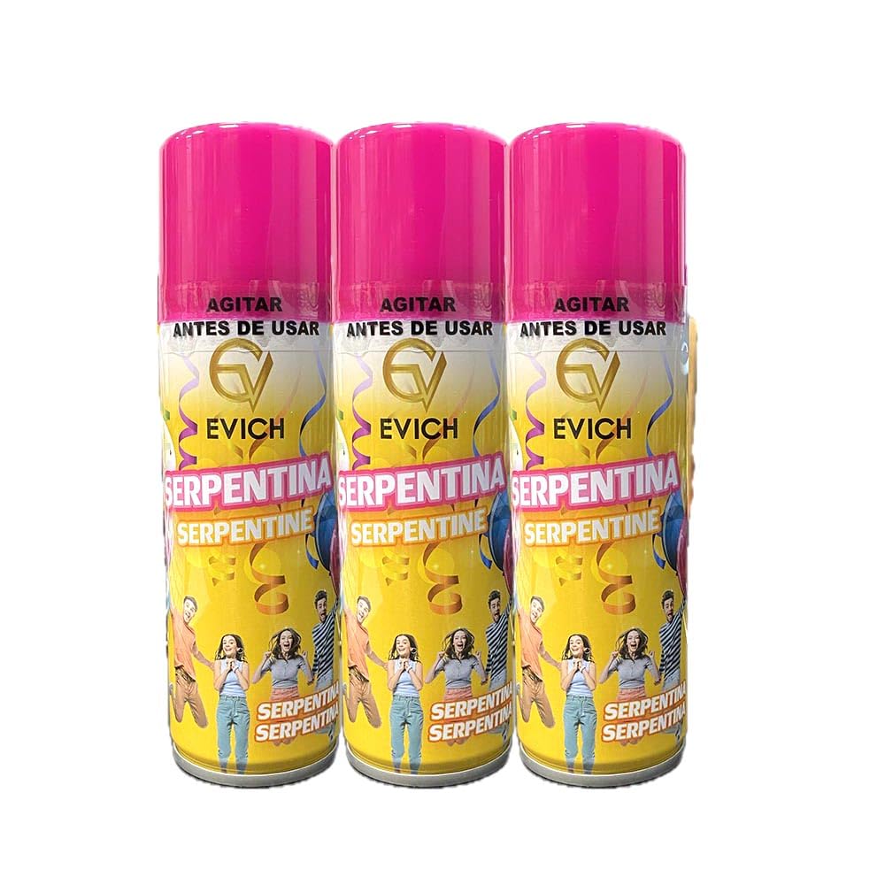 PLUS HOME Spray colores lanza serpentina hilo color,Aerosol con hilo serpentino,pulverización Biodegradable para Celebración de fiesta de boda.Fucsia Pack de 3 botellas