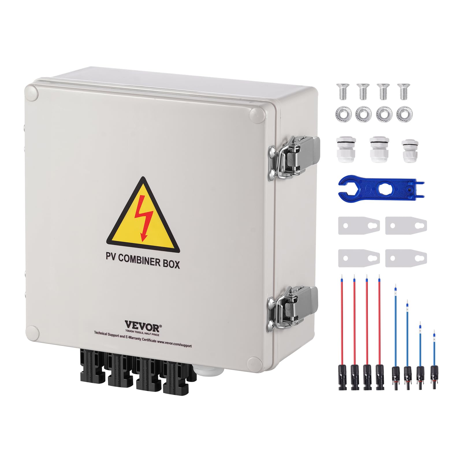 VEVOR PV-Combiner-Box, 4-String, Solar-Combiner-Box mit 10 A Nennstromsicherung, 63 A Leistungsschalter, Blitzableiter und Solaranschluss, ABS-Kunststoffgehäuse für On-/Off-Grid-Solarpanelsystem, IP65