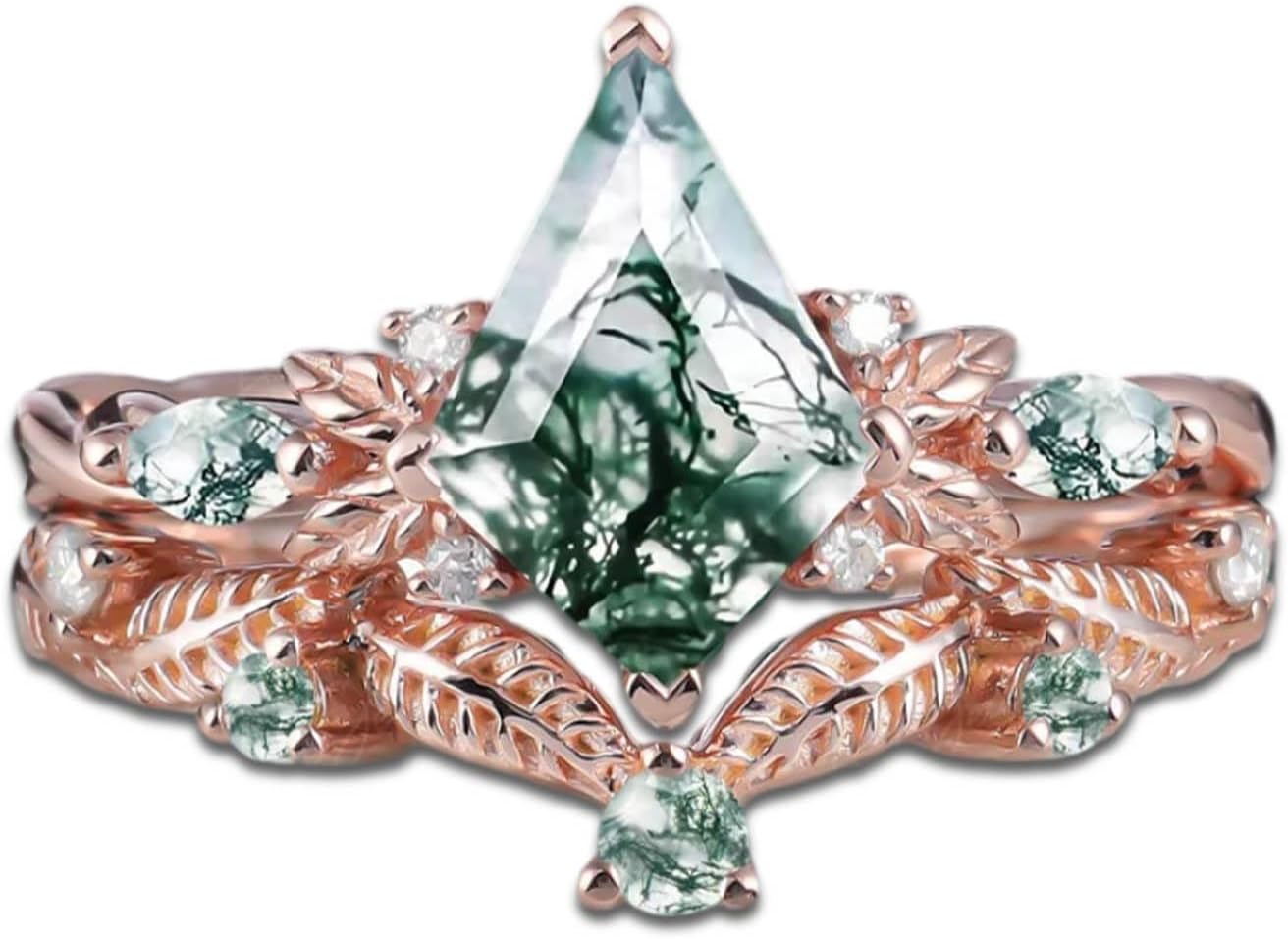 10K 14K 18K Rose Gold Natural Moss Agate Rings Set for Women Sterling Silver 2CT Kite Cut Moss Agate Engagement Ring Wedding Ring Set Size 4-12