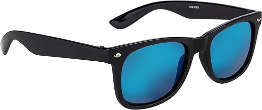 NuVew Mirrored Wayfarer Unisex Sunglasses - (Sky Blue Mirror Lens | Black Frame | Small)