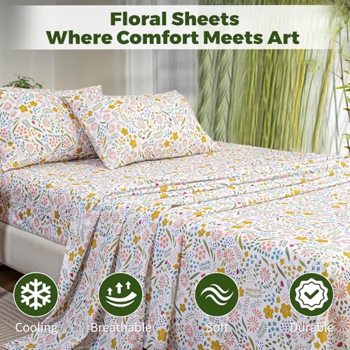 Image of Bedlifes Queen Floral 4-Piece Sheet Set - Cooling Sheets Blend Rayon Derived from Bamboo,Soft & Breathable, Deep Pocket 16 inch, Wrinkle Resistant - Featuring Floral