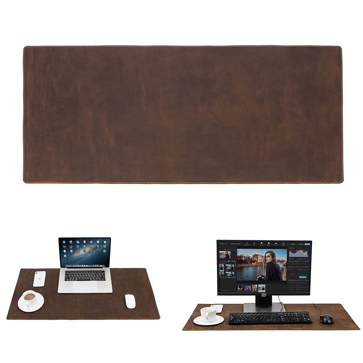 Hiram - Tappetino da scrivania in vera pelle, grande tappetino per mouse, impermeabile, 90 x 45 cm, per PC portatile