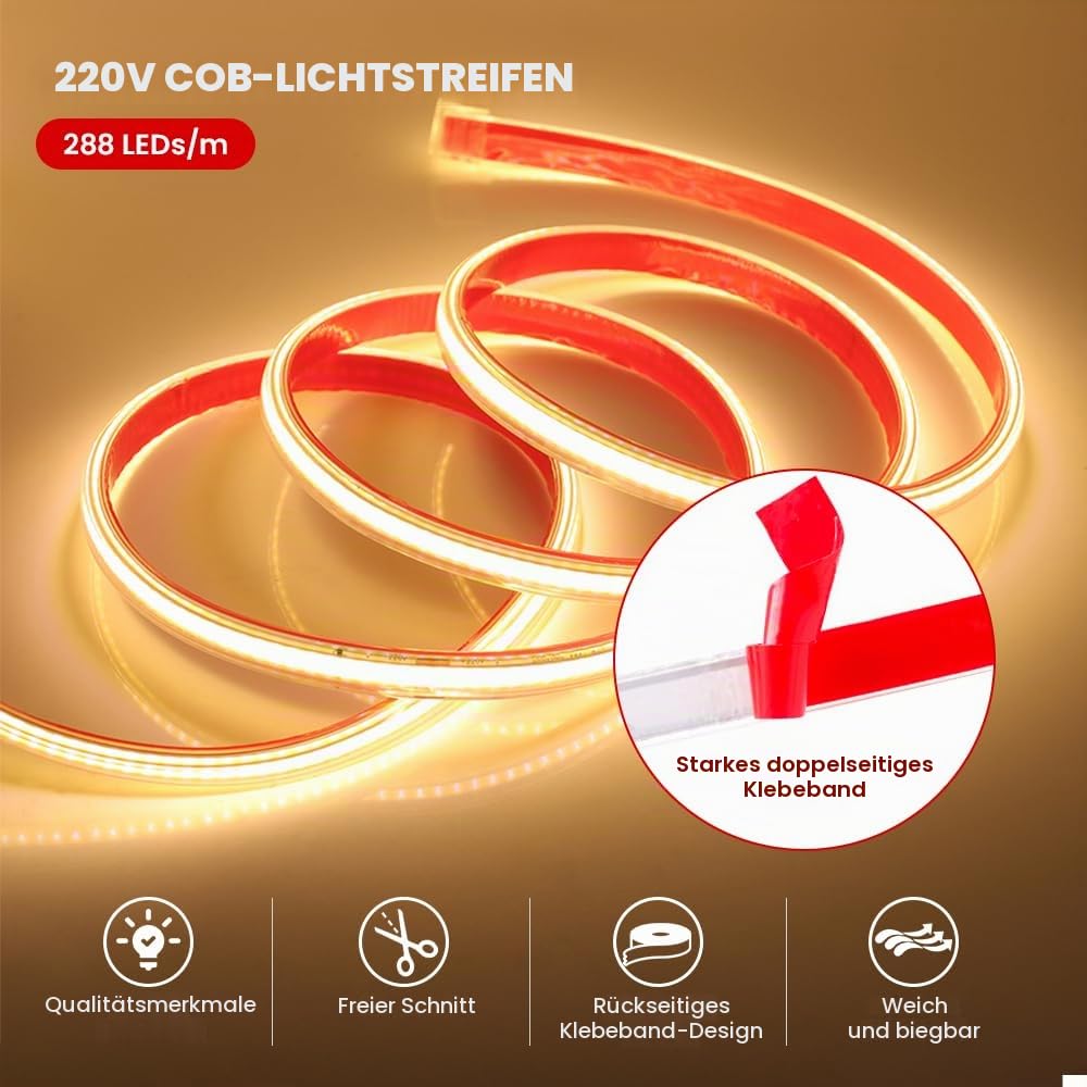 25m COB LED Band Selbstklebend, 220V 288LEDs/M FCOB LED Streifen, Superhell Warmweiß Flexibler COB LED Lichtband für Weihnachten, Halloween, Urlaub, Innendekoration und Beleuchtung