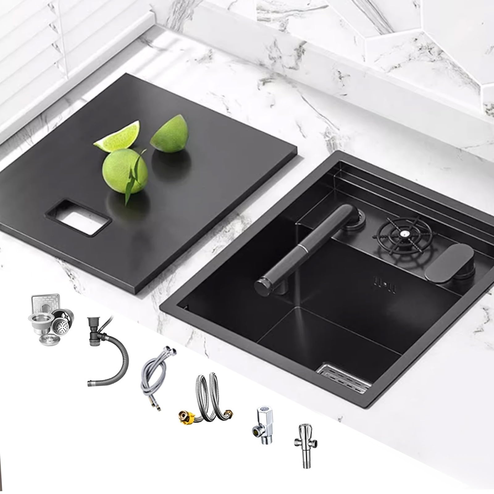 Fregadero De Cocina Con Grifo Extraíble 45×38 Cm De Acero Inoxidable 304 Con Lavavasos Y Kit De Instalación Completo Montaje Bajo Encimera/sobre Encimera Para Apartamentos Autocaravanas Bares