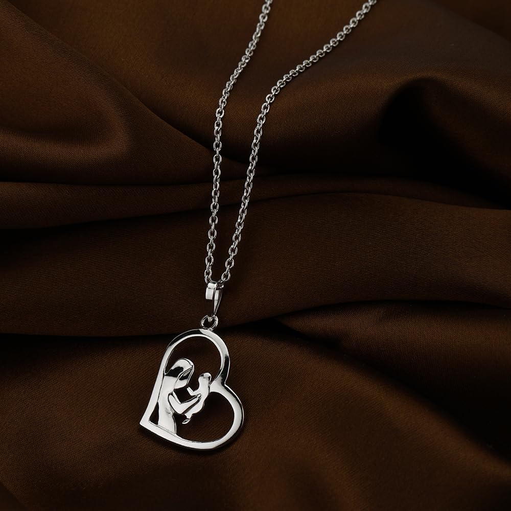 Vanbelle Sterling Silver Jewelry - Rhodium Plated with 925 Stamp - Mother & Daughter's Love Slanted Heart Pendant Necklace for New Mum Gifts - 16.5" long + 2" Extender