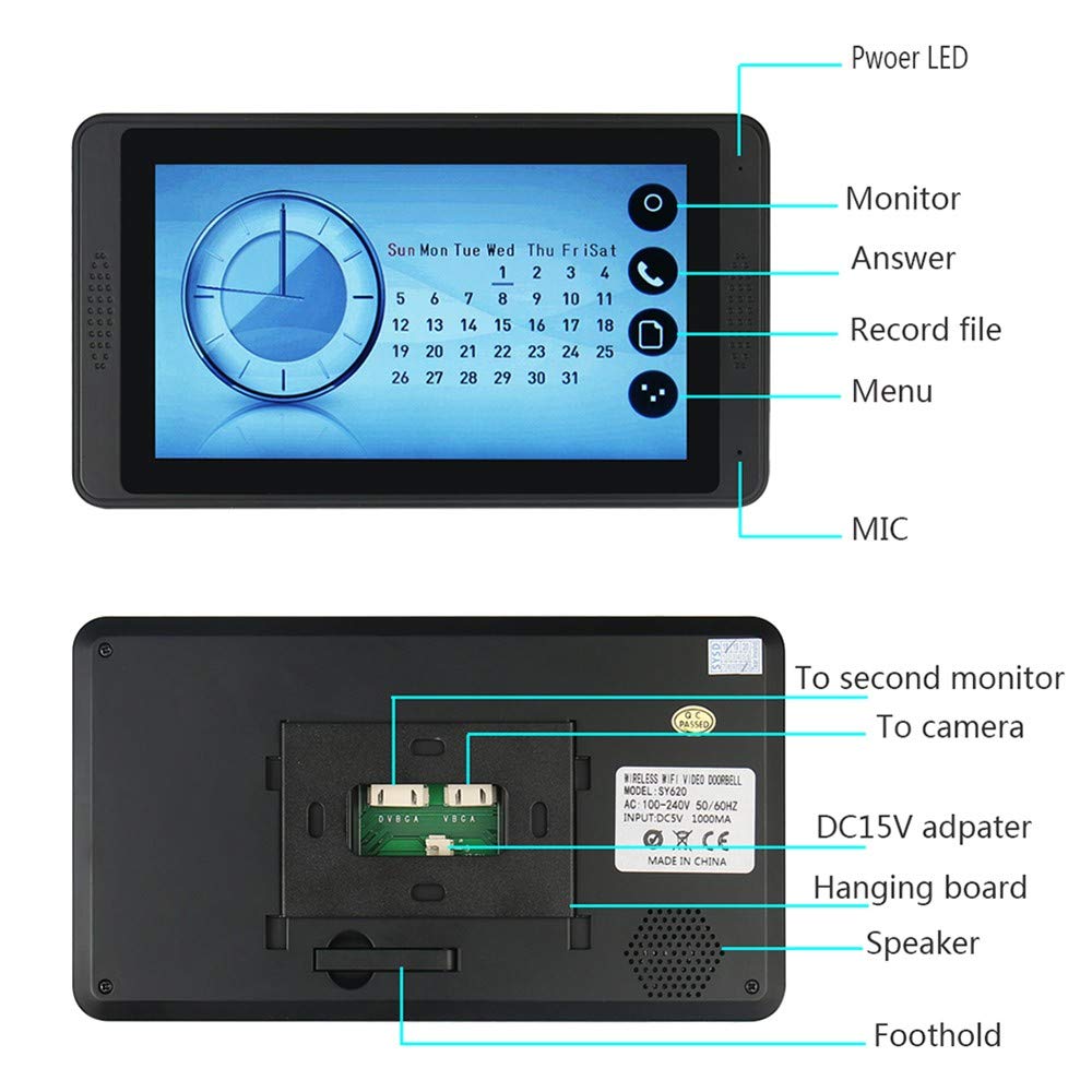 Videoportero WiFi Timbre de Video, Digital Mirilla 7" Intercomunicador De Puerta Pantalla táctil de contraseña Control Remoto desbloqueo de Huella, Impermeable Seguridad De Hogar
