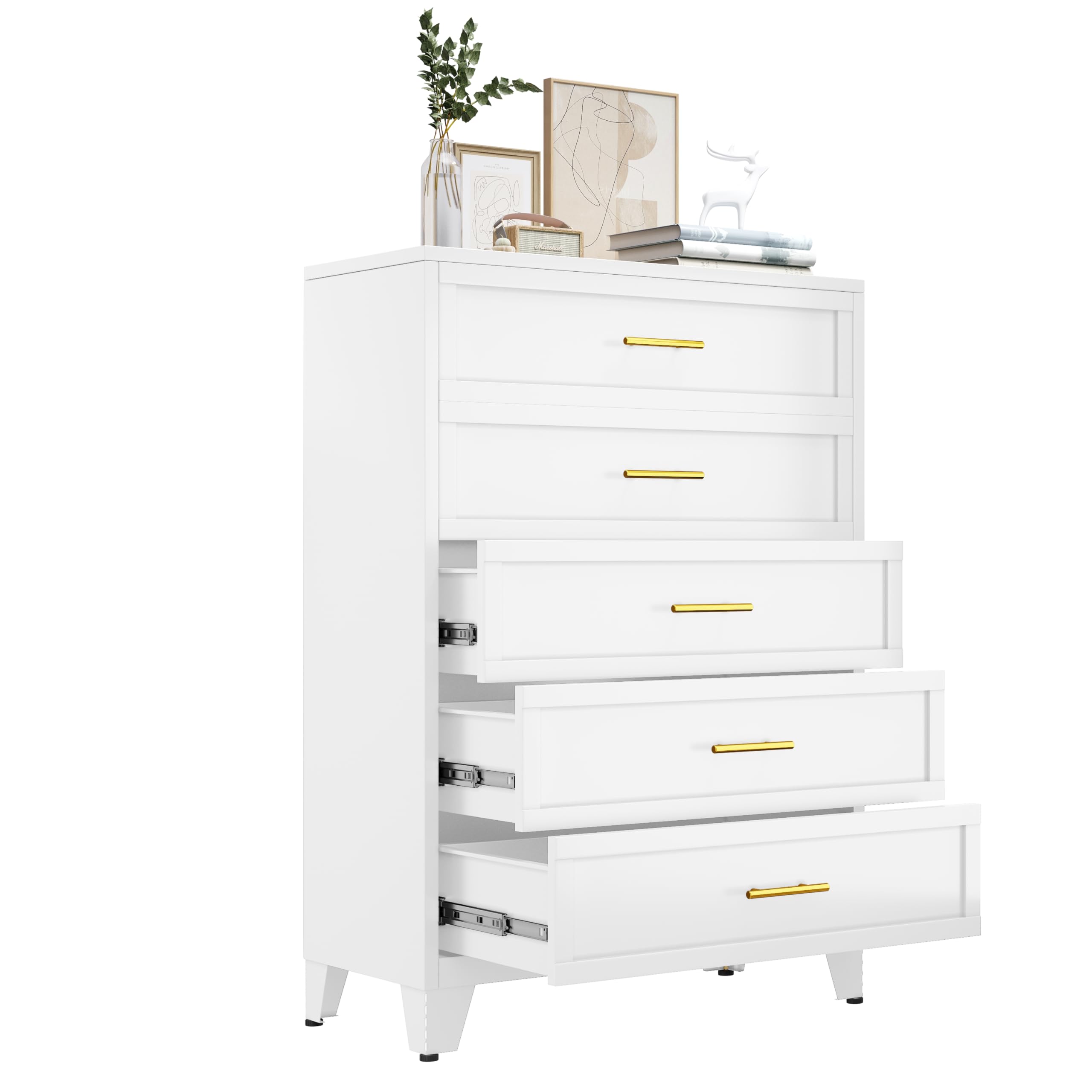 5 Drawer Dresser, Dressers & Chest of Drawers for Bedroom, Metal Storage Cabinet Organizer with Drawers for Living Room, Hallway, Entryway, Home Office (White)