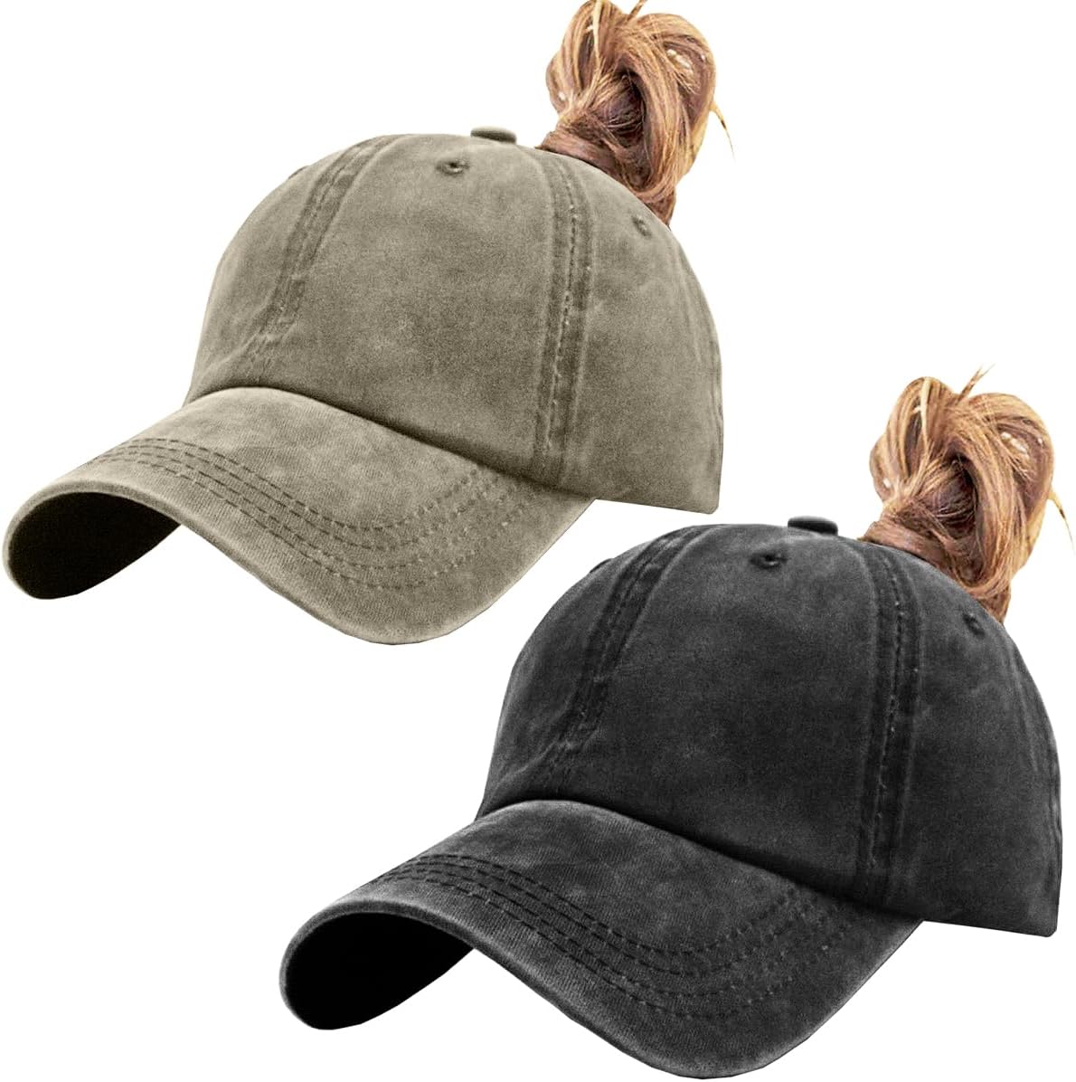 Gorro de béisbol vintage lavado con ranura para coleta para mujer