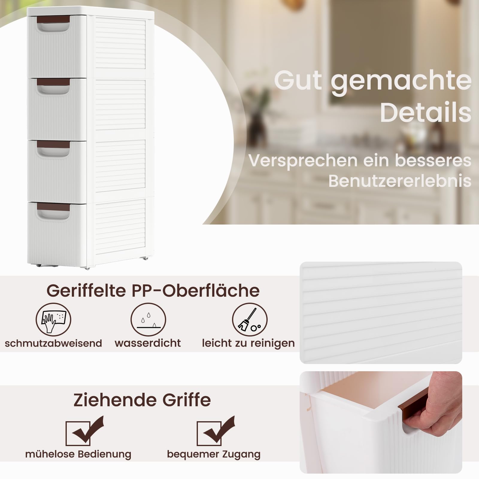 GIANTEX Nischenschrank Nischenregal 19 cm breit, Nischenwagen auf Rollen, Schmaler Rollschrank Rollwagen mit 4 Schubladen, Badschrank Badrollwagen kleiner Schubladenschrank Toilettenschrank für Bad