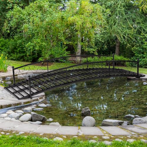 8 FT Garden Bridge, Metal Arc Footbridge with Safety Siderails, Decorative Black Iron Pond Bridge for Outdoor Patio Yard Backyard Creek Farm