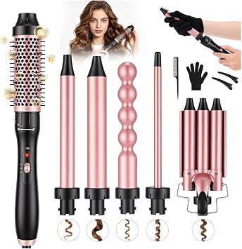 6-in-1 Curling Iron Set, 3/8-1 Barrels, Thermal Brush & 3-Barrel Waver