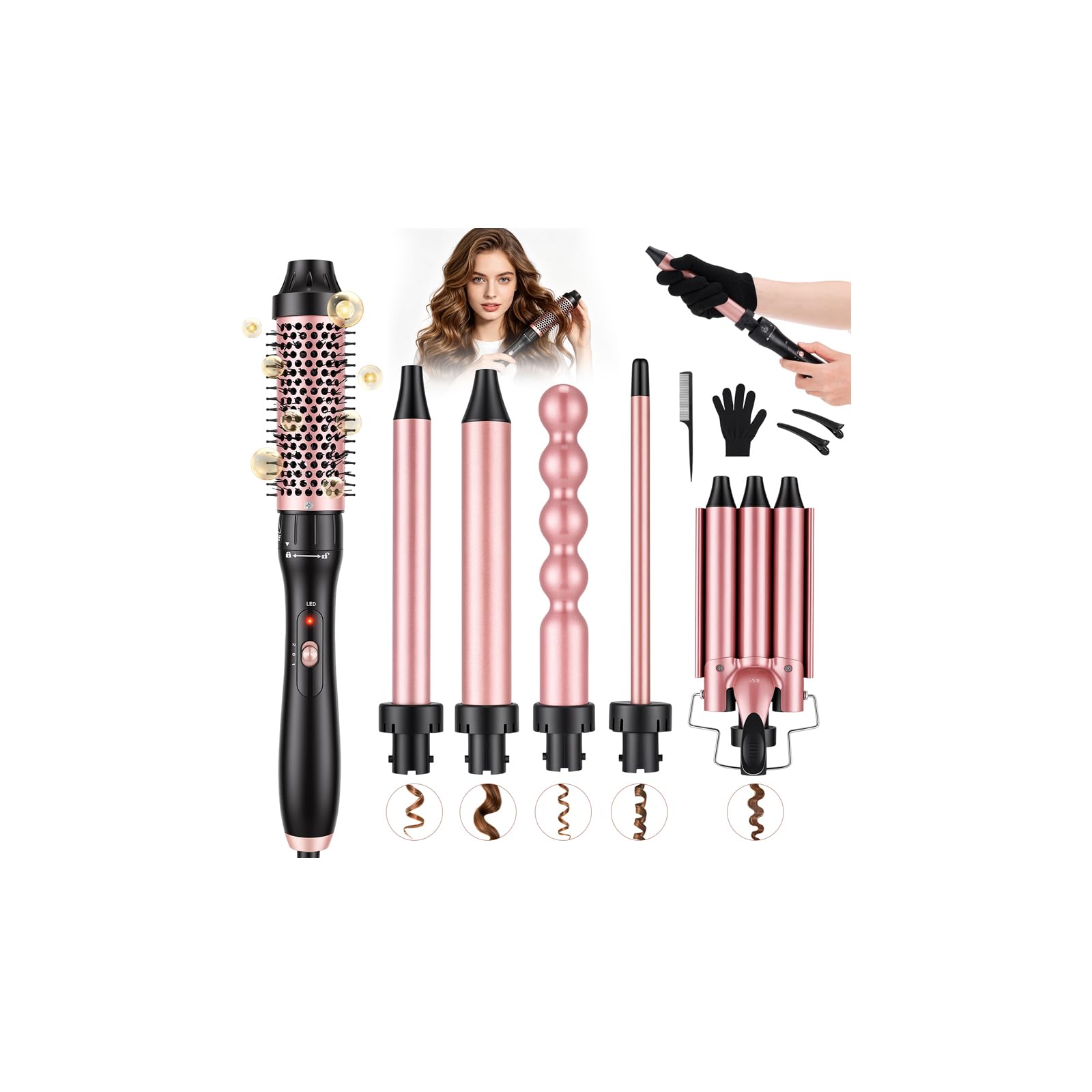 6-in-1 Curling Iron Set, 3/8"-1" Barrels, Thermal Brush & 3-Barrel Waver Gold